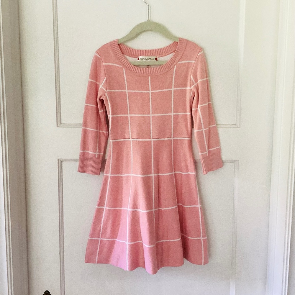 Poppies and Roses Girls Size S Sweater Dress Pink White Windowpane Plaid School